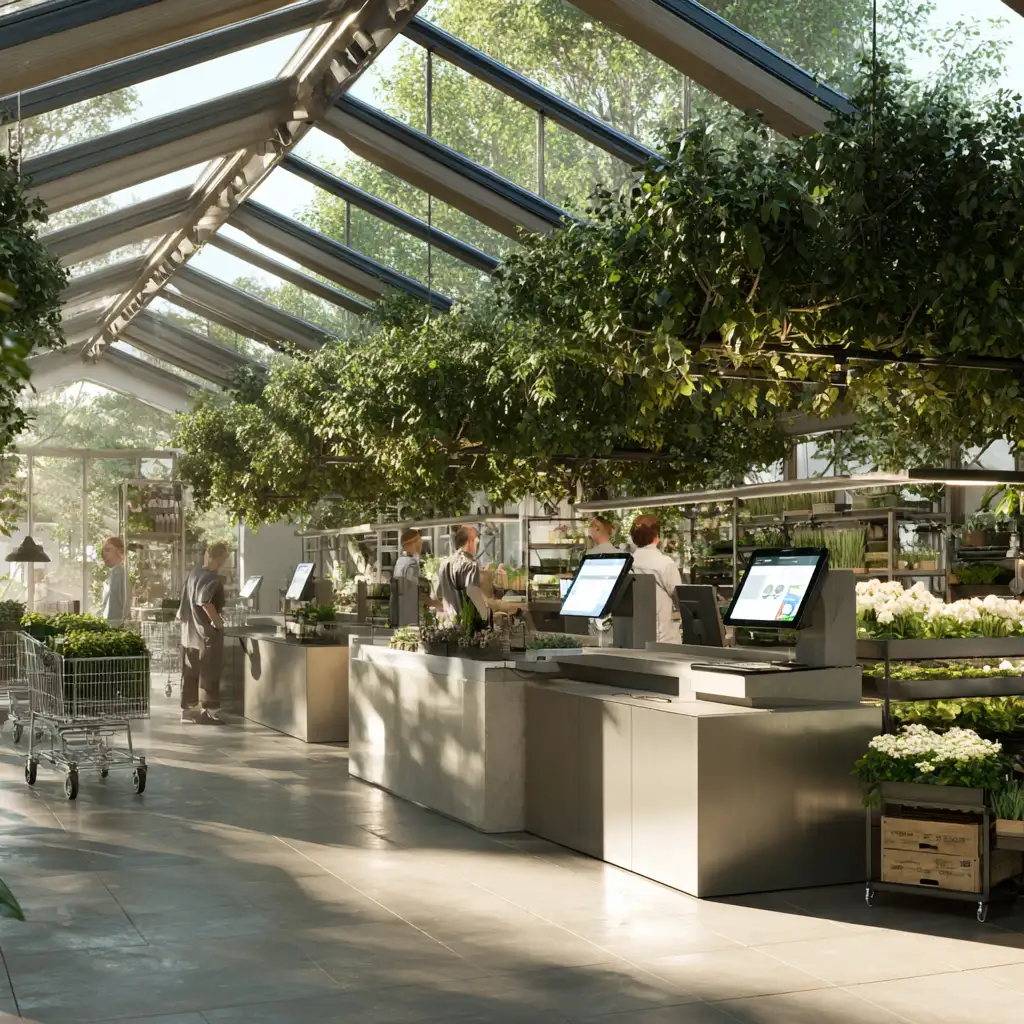 Customer paying via loyalty app at garden centre till Modern garden centre checkout with RetailVista EPoS system